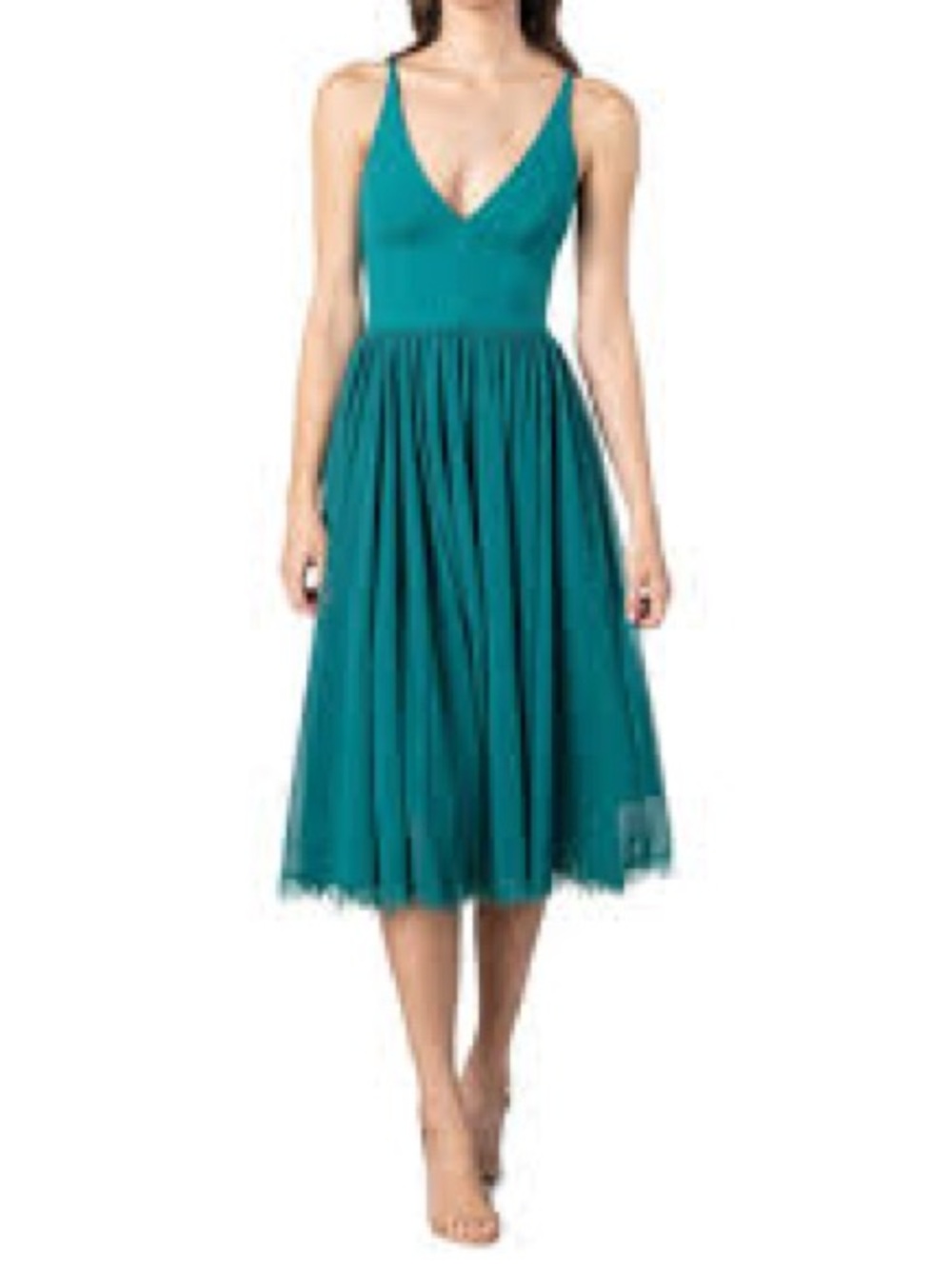Dress the Population Teal Fit & Flare Midi Dress Chiffon V Neck Size Large